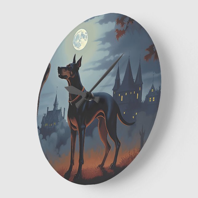 Dobermann Halloween Skräckinjagande Stor Klocka (Vinkel)