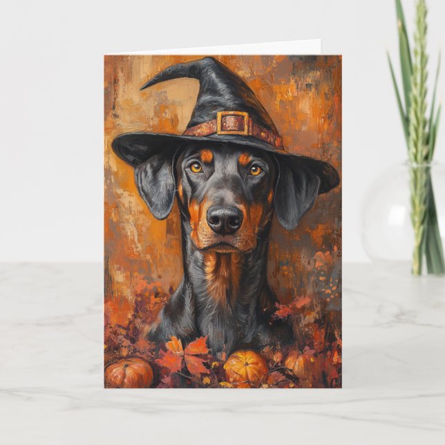 Dobermann Häxa Halloween Helgkort (Framsida)