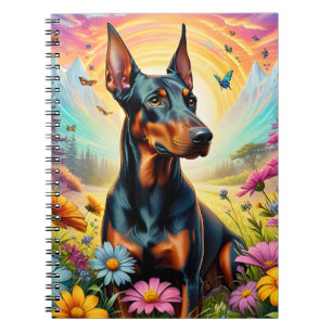 Dobermann Hund, Blommor Och Bergsutsikt Anteckningsbok