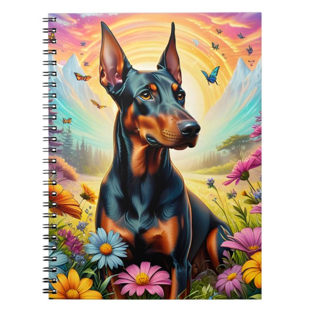 Dobermann Hund, Blommor Och Bergsutsikt Anteckningsbok (Framsidan)
