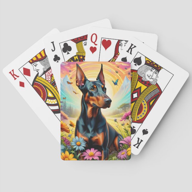 Dobermann Hund, Blommor Och Bergsutsikt Casinokort (Baksidan)