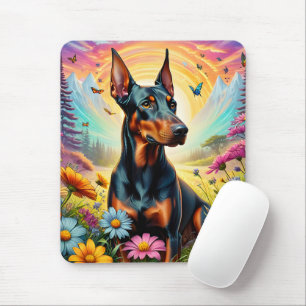 Dobermann Hund, Blommor Och Bergsutsikt Musmatta