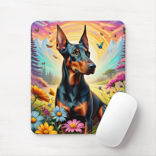 Dobermann Hund, Blommor Och Bergsutsikt Musmatta (Med mus)