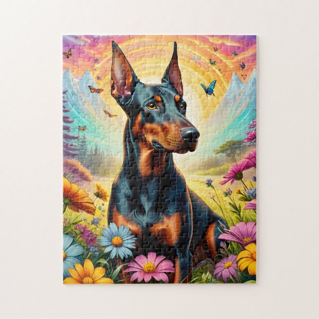 Dobermann Hund, Blommor Och Bergsutsikt Pussel (Vertikal)