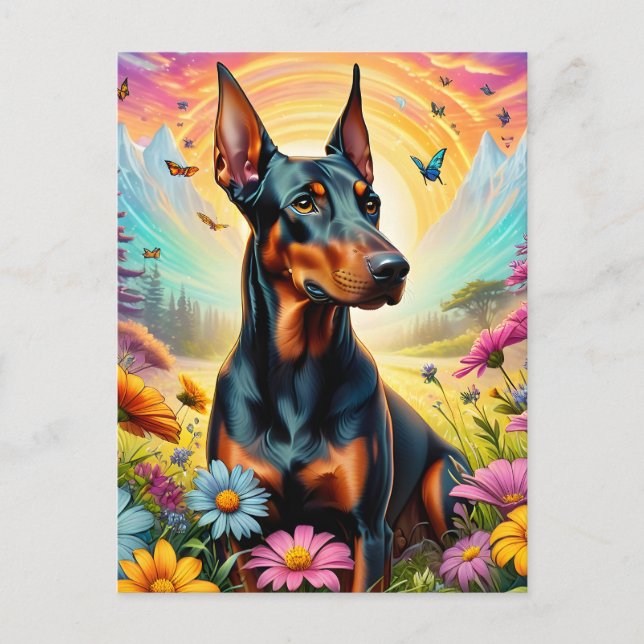 Dobermann Hund, Blommor Och Bergsutsikt Vykort (Framsida)