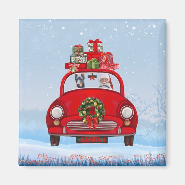 Dobermann hund i bil med tomte  magnet (Framsidan)