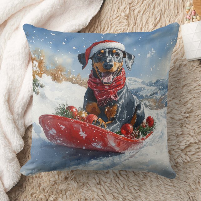 Dobermann hund i släde Låt det snöa jul Kudde (Filt)
