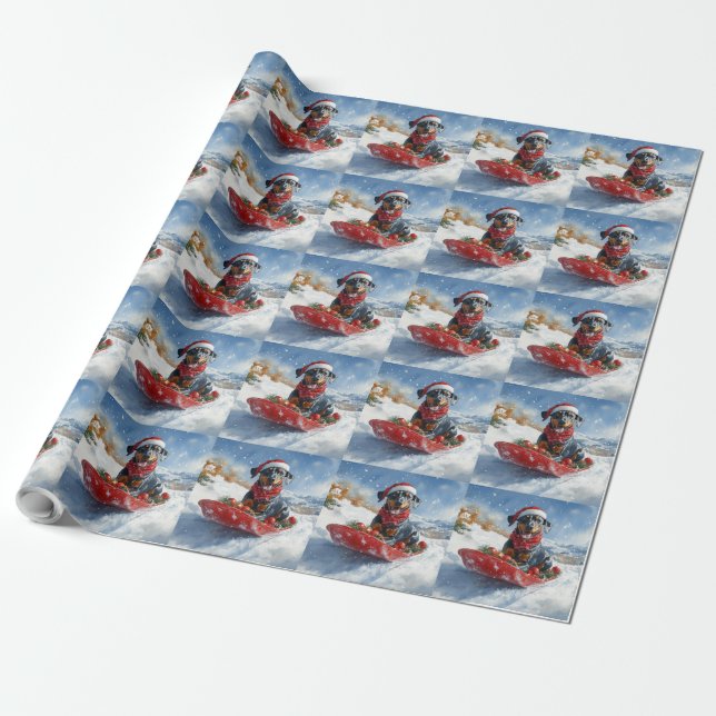 Dobermann Hund i Släde Låt det Snöa Jul Presentpapper (Utrullad)