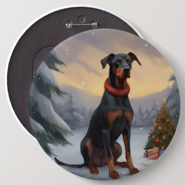 Dobermann hund i snö jul  knapp (Framsida & baksida)