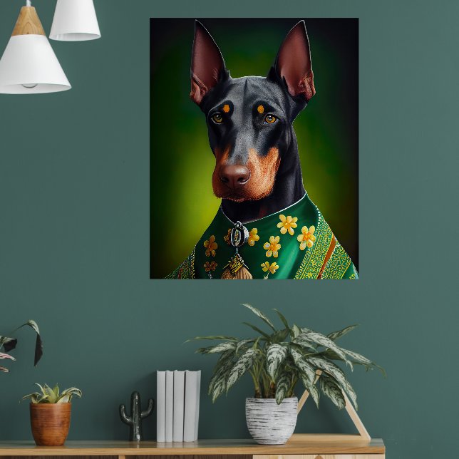 Dobermann hund i St. Patricks dag dräkt Poster (Vardagsrum 1)