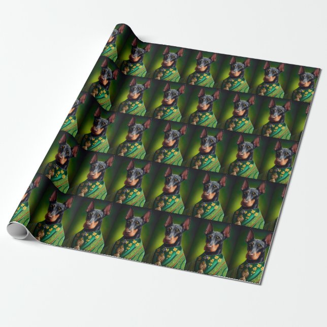 Dobermann hund i St. Patricks dag dräkt Presentpapper (Utrullad)