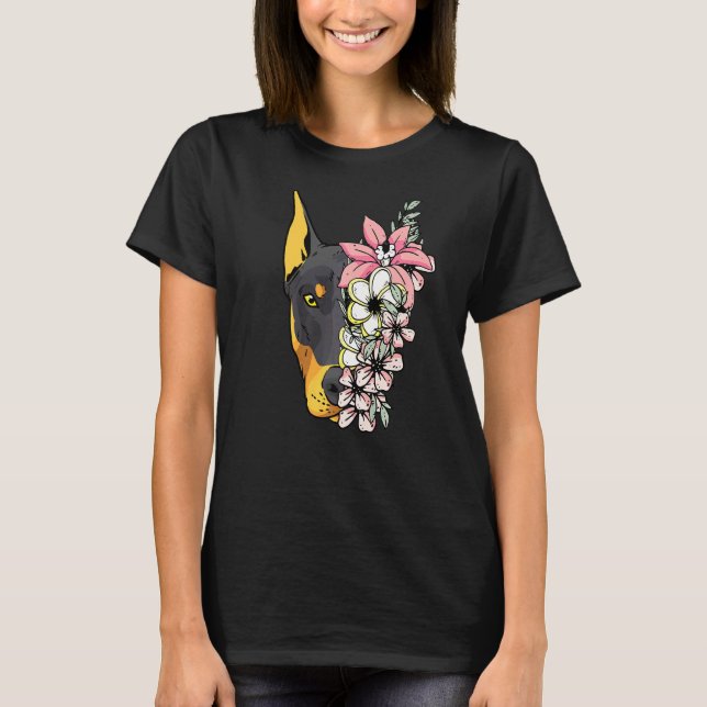 Dobermann Hund Med Blommor T Shirt (Framsida)