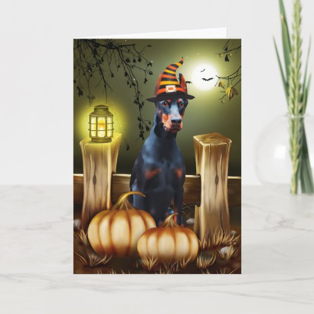 Dobermann Hund med Häxhatt Halloween Presentidé Kort (Framsida)