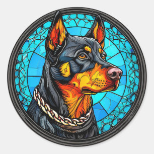 🐕 Dobermann Hund Modig Vakt Ras Porträtt Konst 🐕 Runt Klistermärke