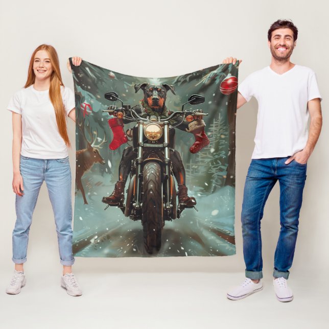 Dobermann Hund Ridande Motorcykel Jul Fleecefilt (På plats)