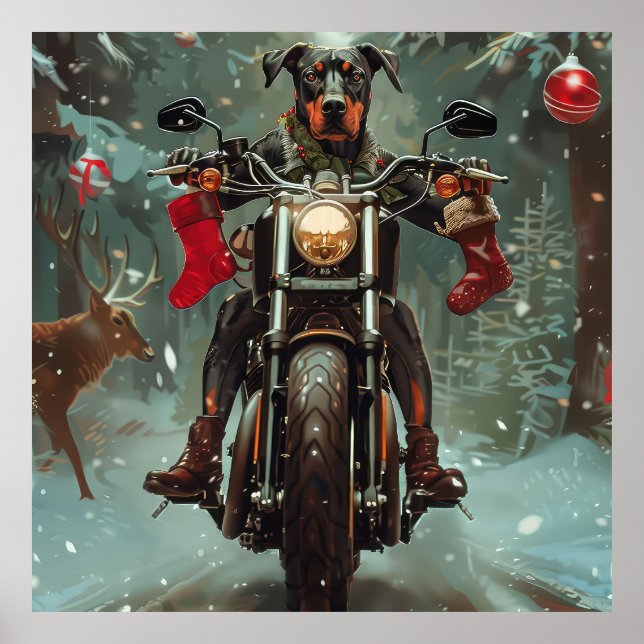 Dobermann Hund Ridande Motorcykel Jul Poster (Framsidan)
