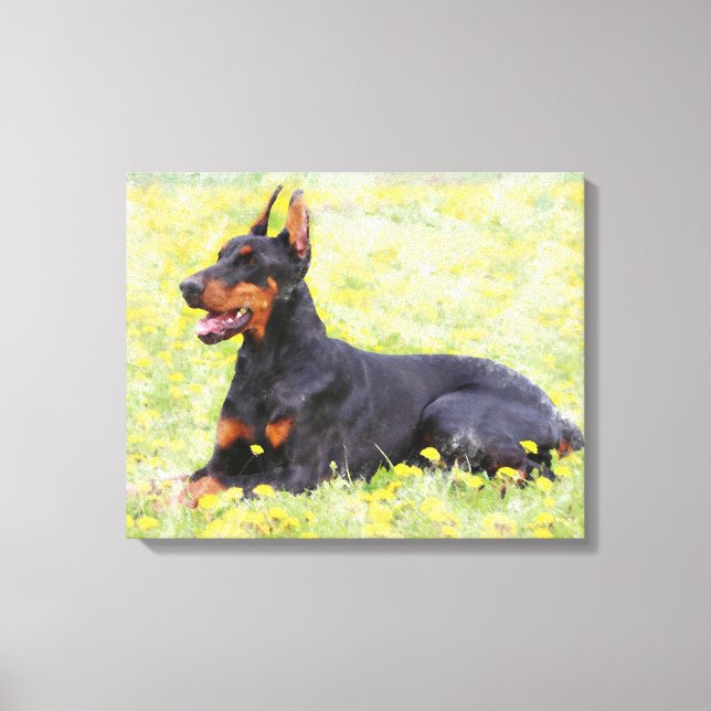 Dobermann hund sittande i trädgården Akvarellmålni Canvastryck (Framsida)