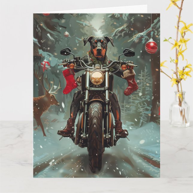 Dobermann hund som kör motorcykel jul kort (Gul blomma)