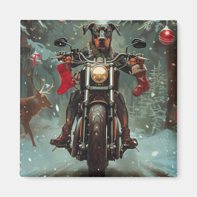 Dobermann hund som kör motorcykel jul magnet (Framsidan)