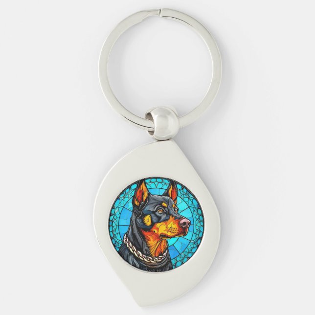 Dobermann hund swirl silverfärgad nyckelring (Framsidan)