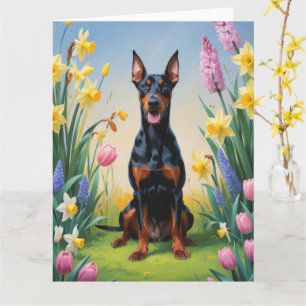 Dobermann Hund Vårblommor Målning Kort