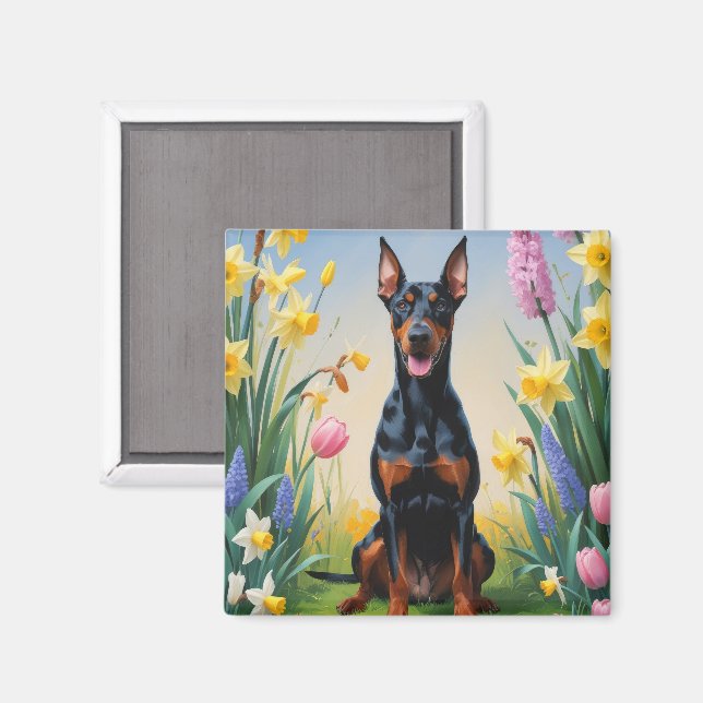 Dobermann Hund Vårblommor Målning Magnet (Front/Back)