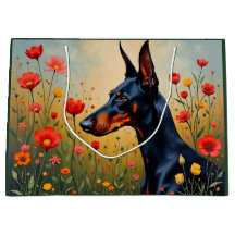 Dobermann i ett fält av blommor