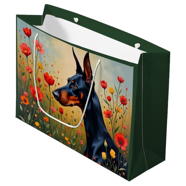 Dobermann i ett fält av blommor  (Framsidan Vinklad)
