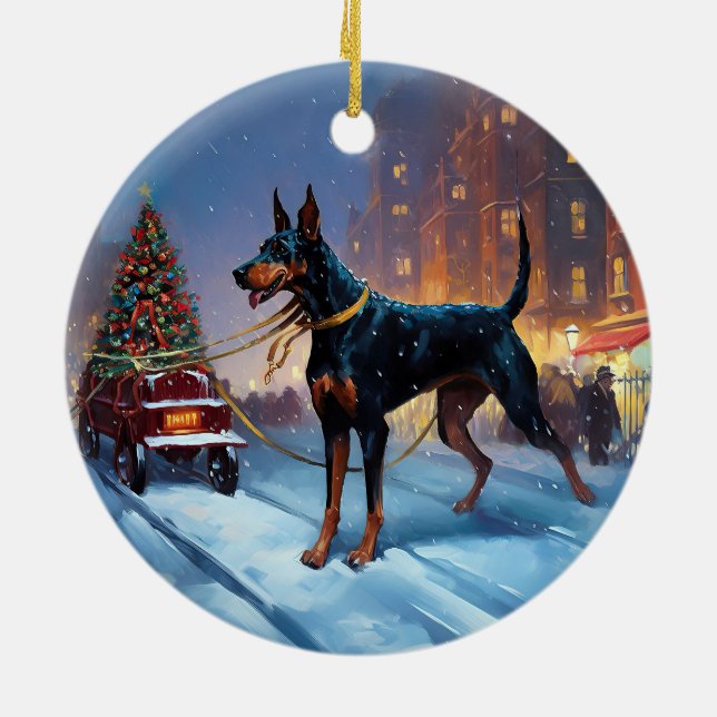 Dobermann Julfirande Säsong Julgransprydnad Keramik (Baksidan)