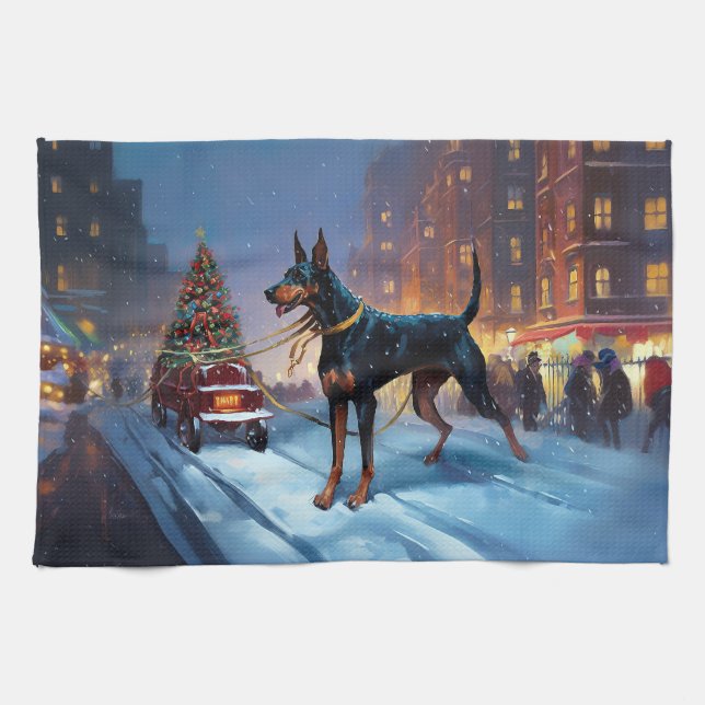 Dobermann Julfirande Säsong Kökshandduk (Horisontell)