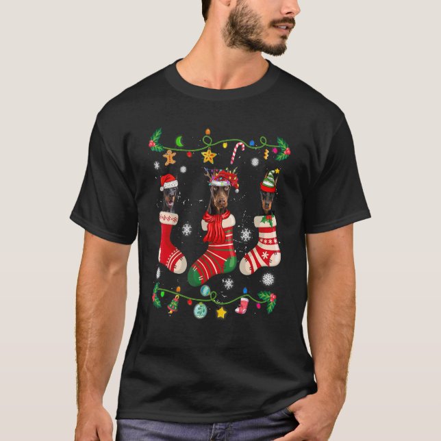 Dobermann julstrumpor Xmas hund T Shirt (Framsida)