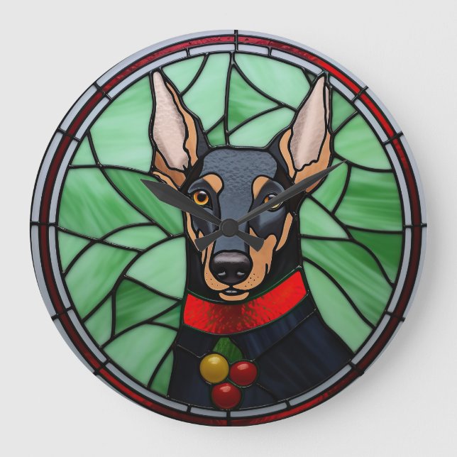 Dobermann Målade Glas Jul Stor Klocka (Framsida)