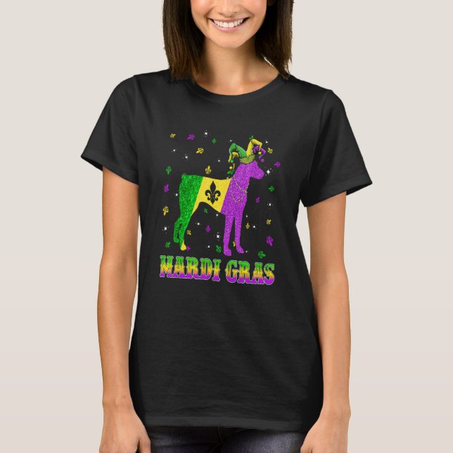 Dobermann Mardi Gras Karneval Pajas Pärlor T Shirt (Framsida)