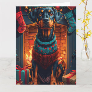 Dobermann med julklappar vid öppen spis kort