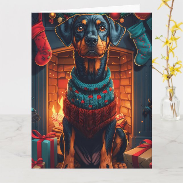 Dobermann med julklappar vid öppen spis kort (Gul blomma)