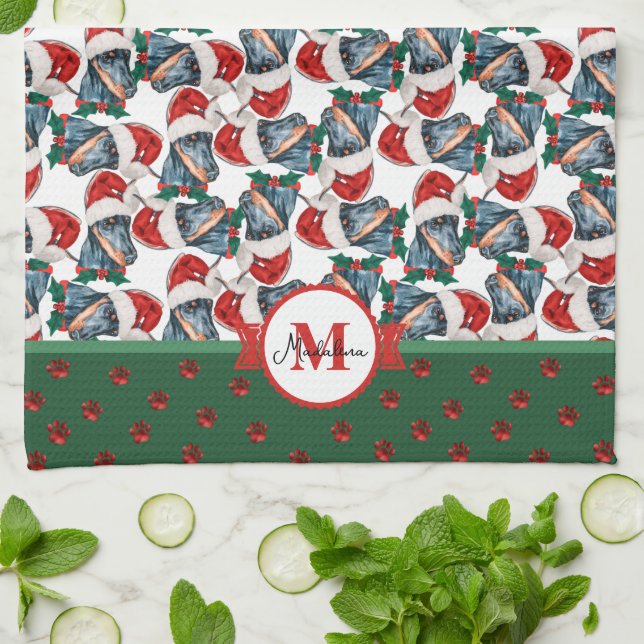 Dobermann Mönster Monogram Jul Hund Kökshandduk (Vikta)