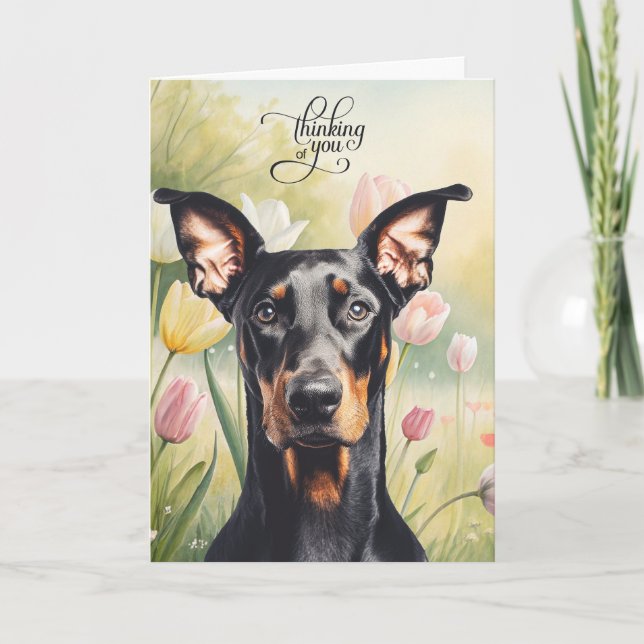 Dobermann Pastell Tulpaner Tänker På Dig Kort (Framsida)