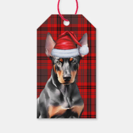Dobermann Pinscher Hund Röd Plaid Jul Presentetikett