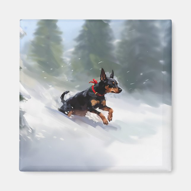 Dobermann Pinscher jul snö vinter Magnet (Framsidan)