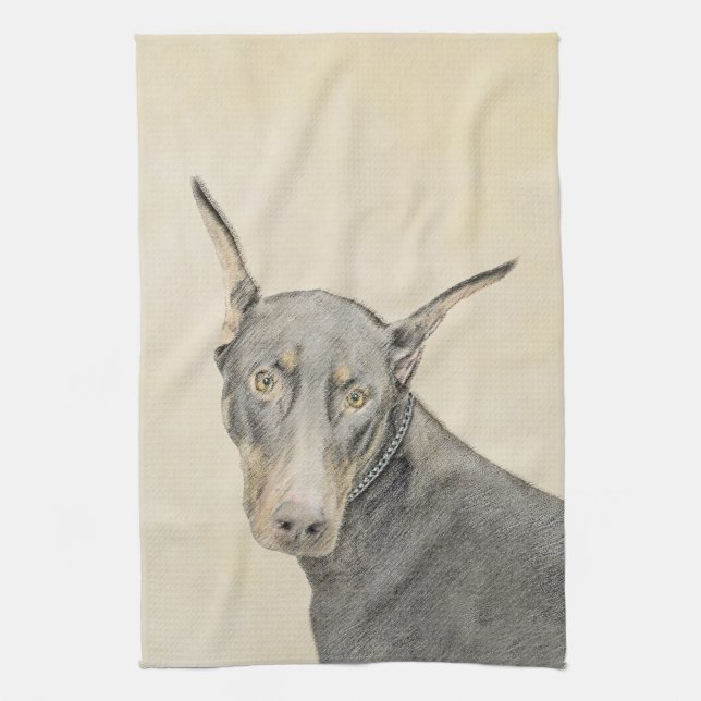 Dobermann Pinscher-målning - Original konst med hu Kökshandduk (Vertikal)