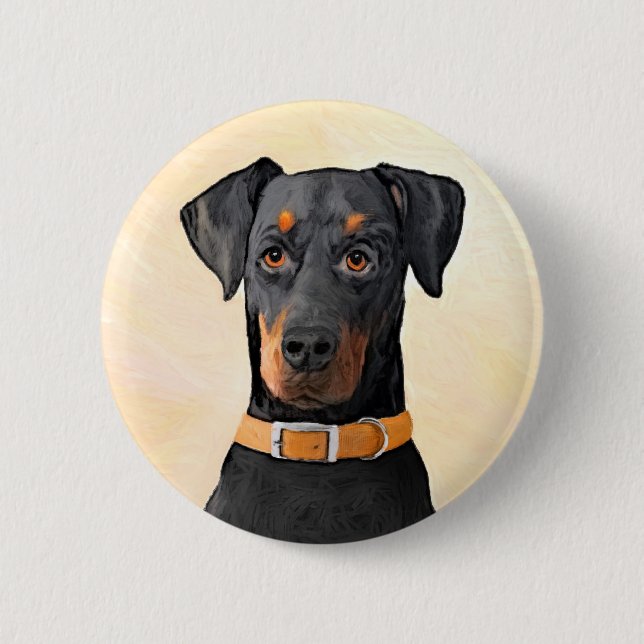 Dobermann Pinscher Oklippt Målning Original Konst Knapp (Framsida)