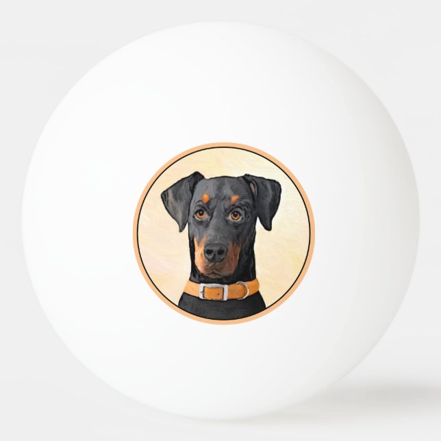 Dobermann Pinscher Oklippt Målning Original Konst Pingisboll (Framsidan)