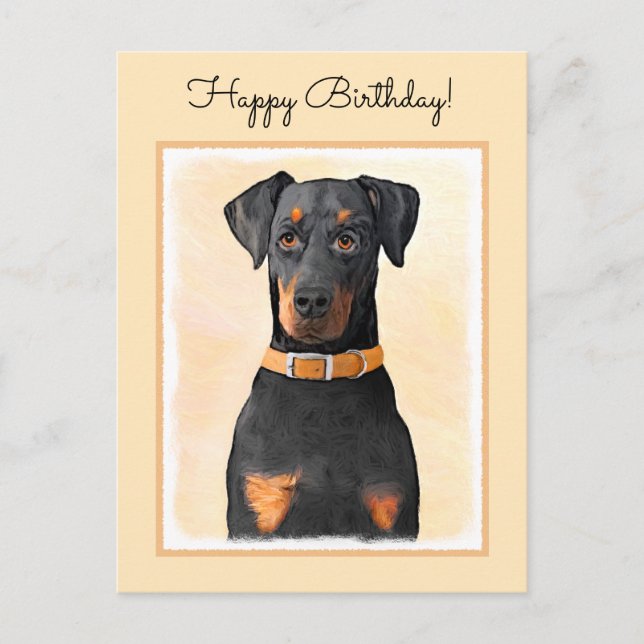Dobermann Pinscher Okuperad Målning Original Konst Vykort (Framsida)
