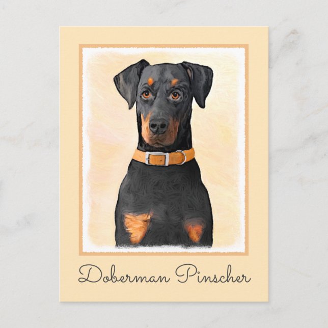 Dobermann Pinscher Okuperad Målning Original Konst Vykort (Framsida)