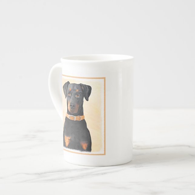 Dobermann Pinscher Okuppad Målning Original Konst Benporslin Mugg (Framsida vänster)