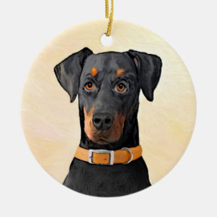 Dobermann Pinscher Okuppad Målning Original Konst Julgransprydnad Keramik