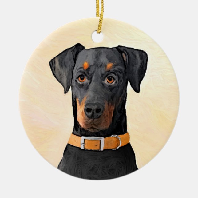 Dobermann Pinscher Okuppad Målning Original Konst Julgransprydnad Keramik (Framsidan)