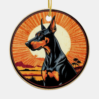 Dobermann Pinscher Retro Solnedgång Hundälskare Julgransprydnad Keramik