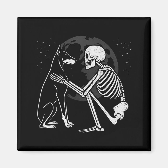Dobermann Pinscher Skelett Mån Halloween Hund Magnet (Framsidan)
