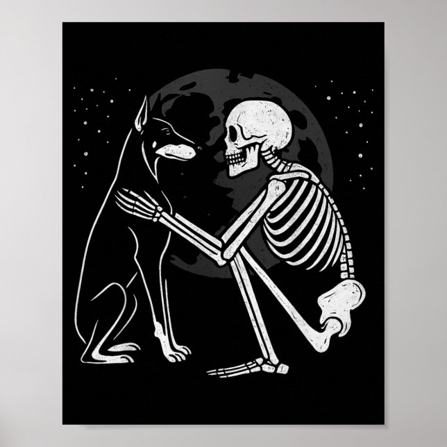 Dobermann Pinscher Skelett Mån Halloween Hund Poster (Framsidan)
